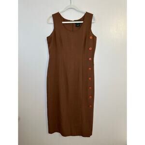 Vintage Y2K 90s Women Sleeveless Dark Academia Brown Button Midi Sheath Dress 10